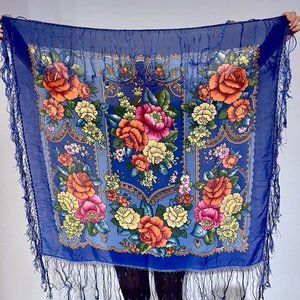 Vintage blue Rose Floral Pattern Silk Scarf With Tassels